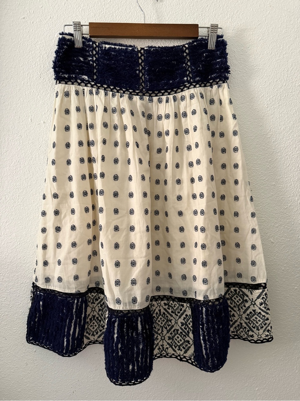 Mauve by Anthropologie Navy and Cream Tiered Midi Skirt
